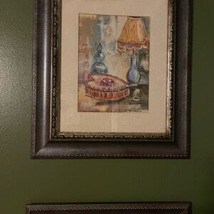 Framed Still Life Painting with Lamp and Vase